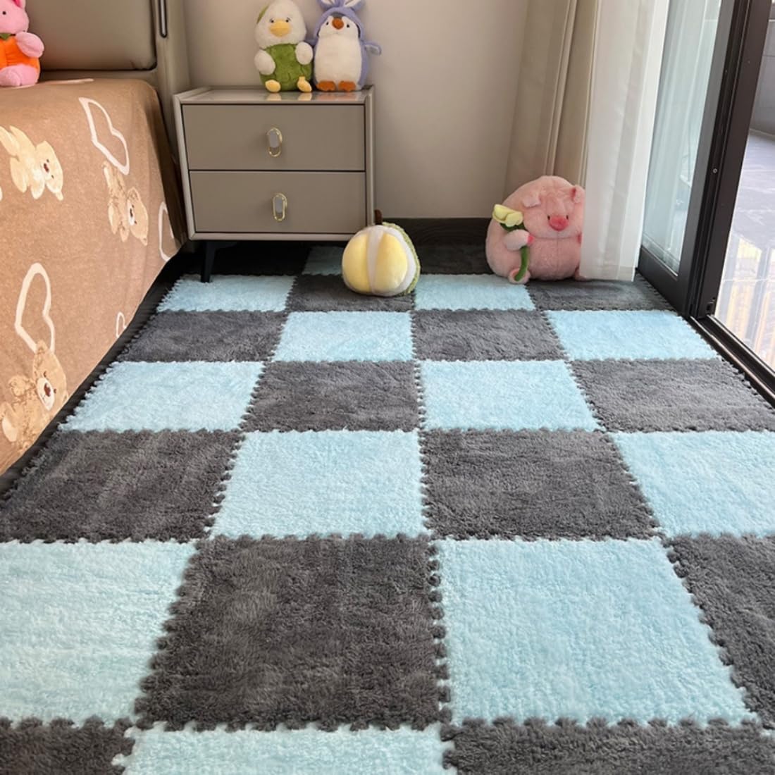 YISLEND 12Pcs Interlocking Plush Carpet Tiles – Light Blue & Grey Playroom Floor Mat