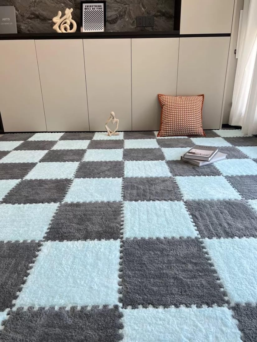 YISLEND 12Pcs Interlocking Plush Carpet Tiles – Light Blue & Grey Playroom Floor Mat