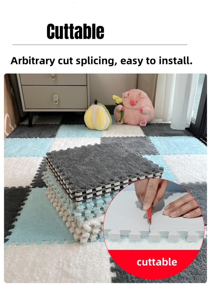 YISLEND 12Pcs Interlocking Plush Carpet Tiles – Light Blue & Grey Playroom Floor Mat