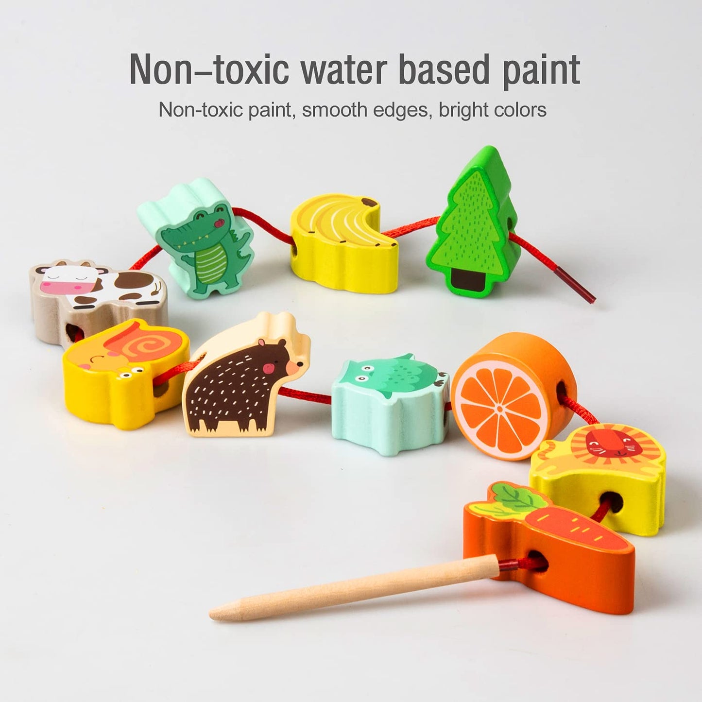 YiTTOO Montessori Wooden Lacing Beads – Farm Animals, Fruits & 3D Stickers for Toddlers (3-5 Years)