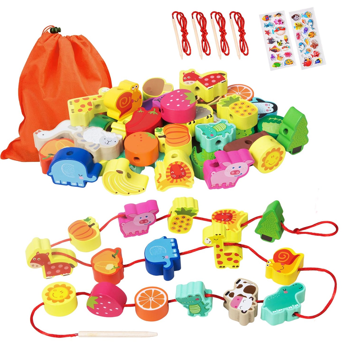YiTTOO Montessori Wooden Lacing Beads – Farm Animals, Fruits & 3D Stickers for Toddlers (3-5 Years)
