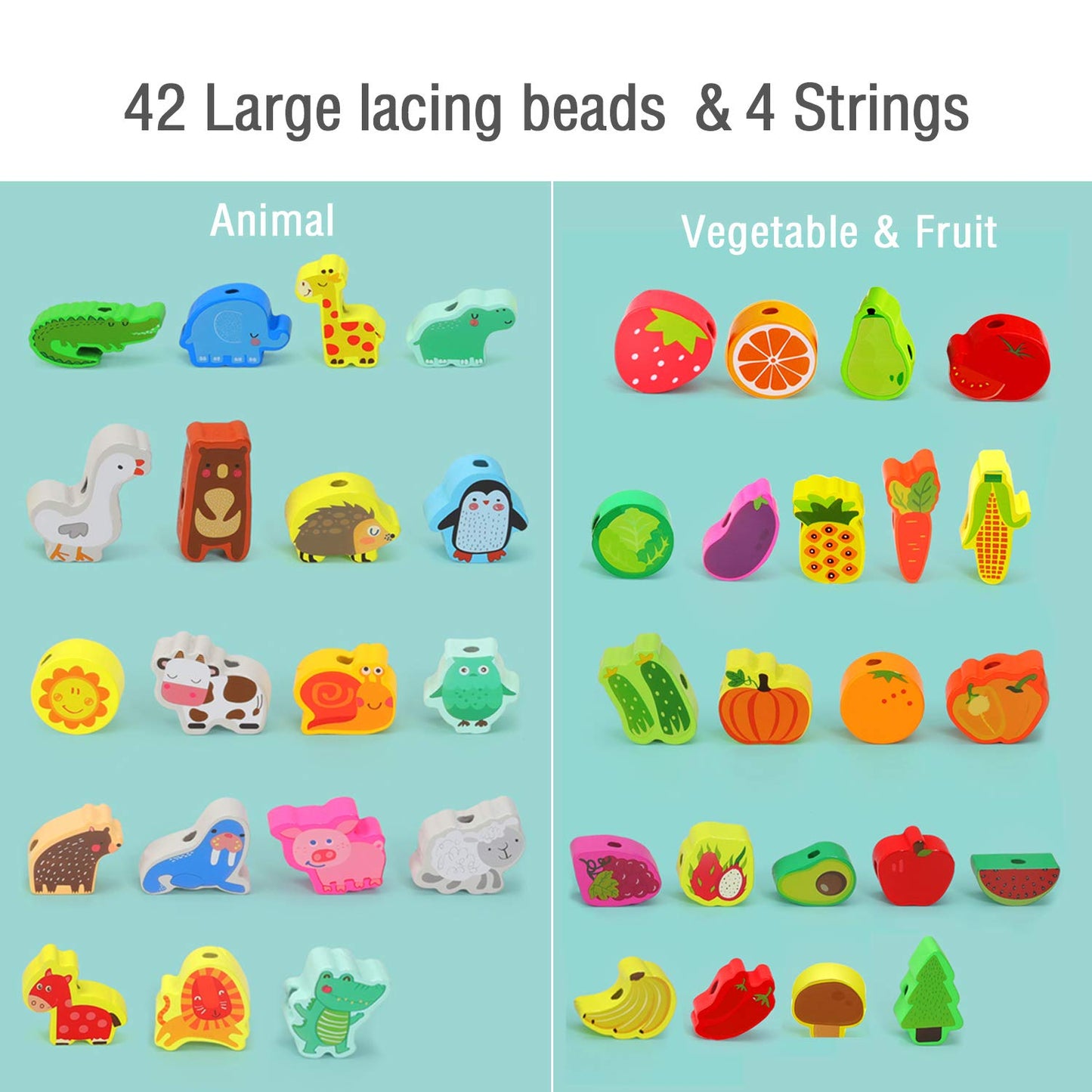 YiTTOO Montessori Wooden Lacing Beads – Farm Animals, Fruits & 3D Stickers for Toddlers (3-5 Years)