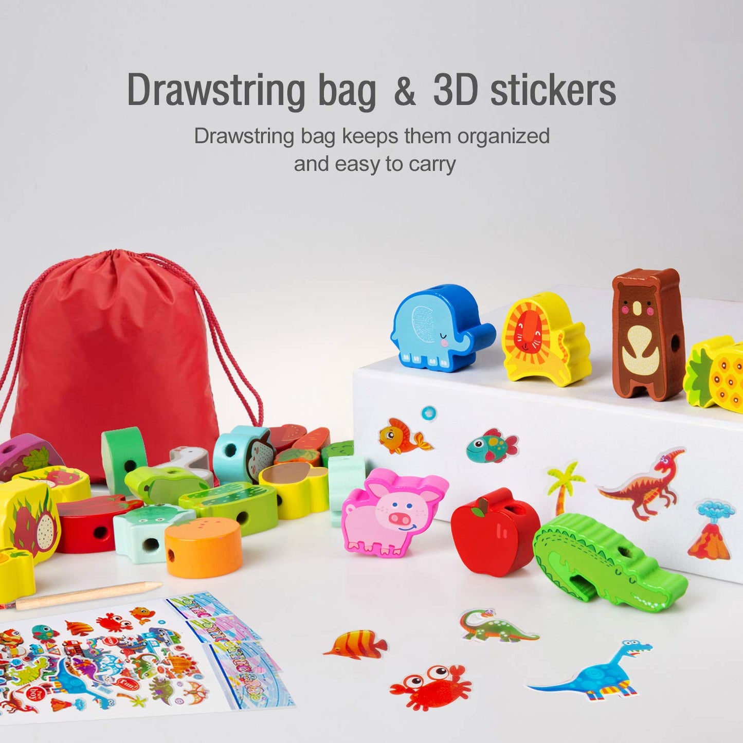 YiTTOO Montessori Wooden Lacing Beads – Farm Animals, Fruits & 3D Stickers for Toddlers (3-5 Years)
