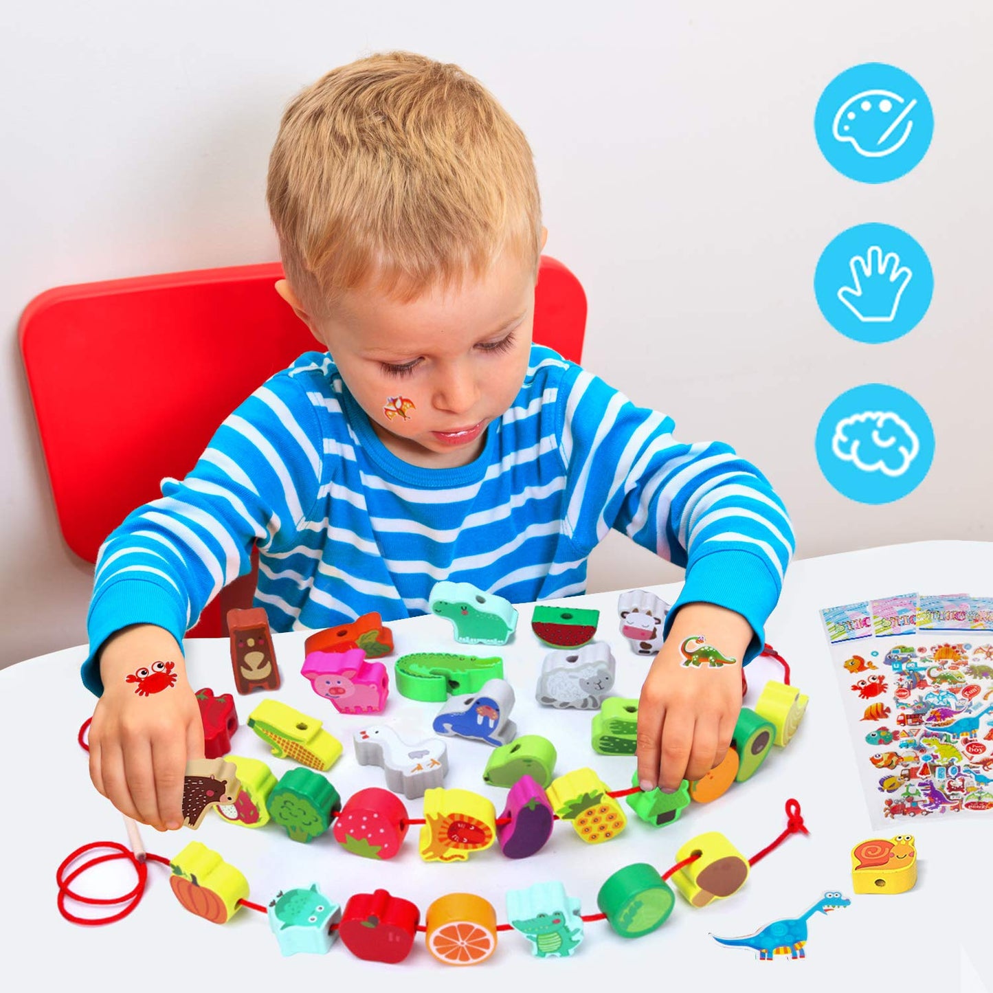 YiTTOO Montessori Wooden Lacing Beads – Farm Animals, Fruits & 3D Stickers for Toddlers (3-5 Years)