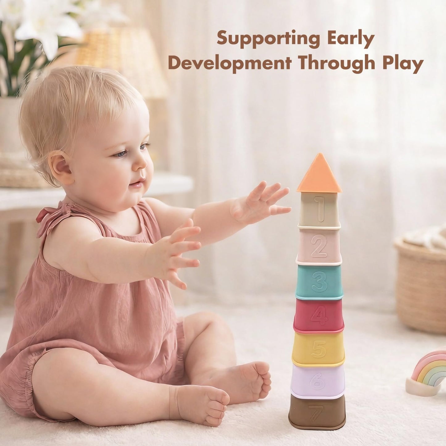 YIVEKO Baby Stacking Cups Toy | Silicone Stacking Tower, 8 Pcs, BPA Free, Teething & Bath Toys