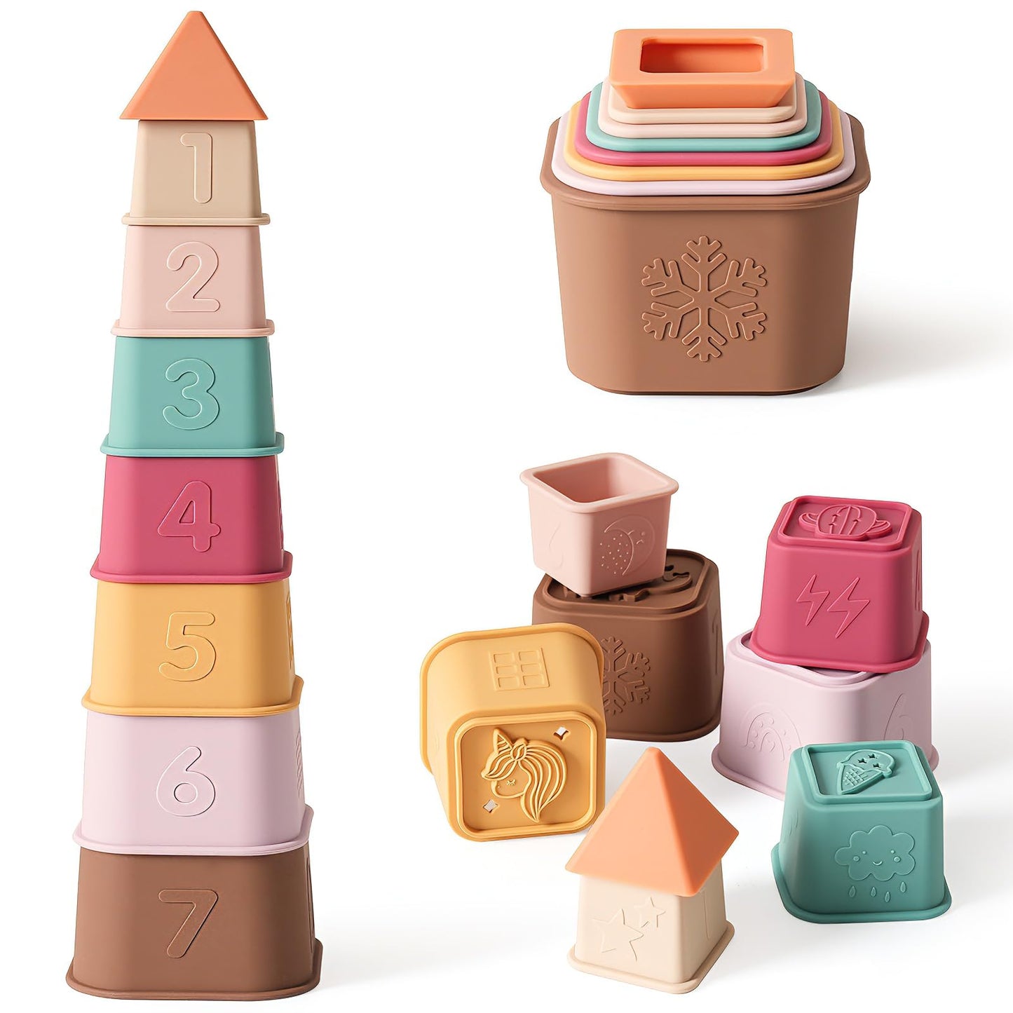 YIVEKO Baby Stacking Cups Toy | Silicone Stacking Tower, 8 Pcs, BPA Free, Teething & Bath Toys