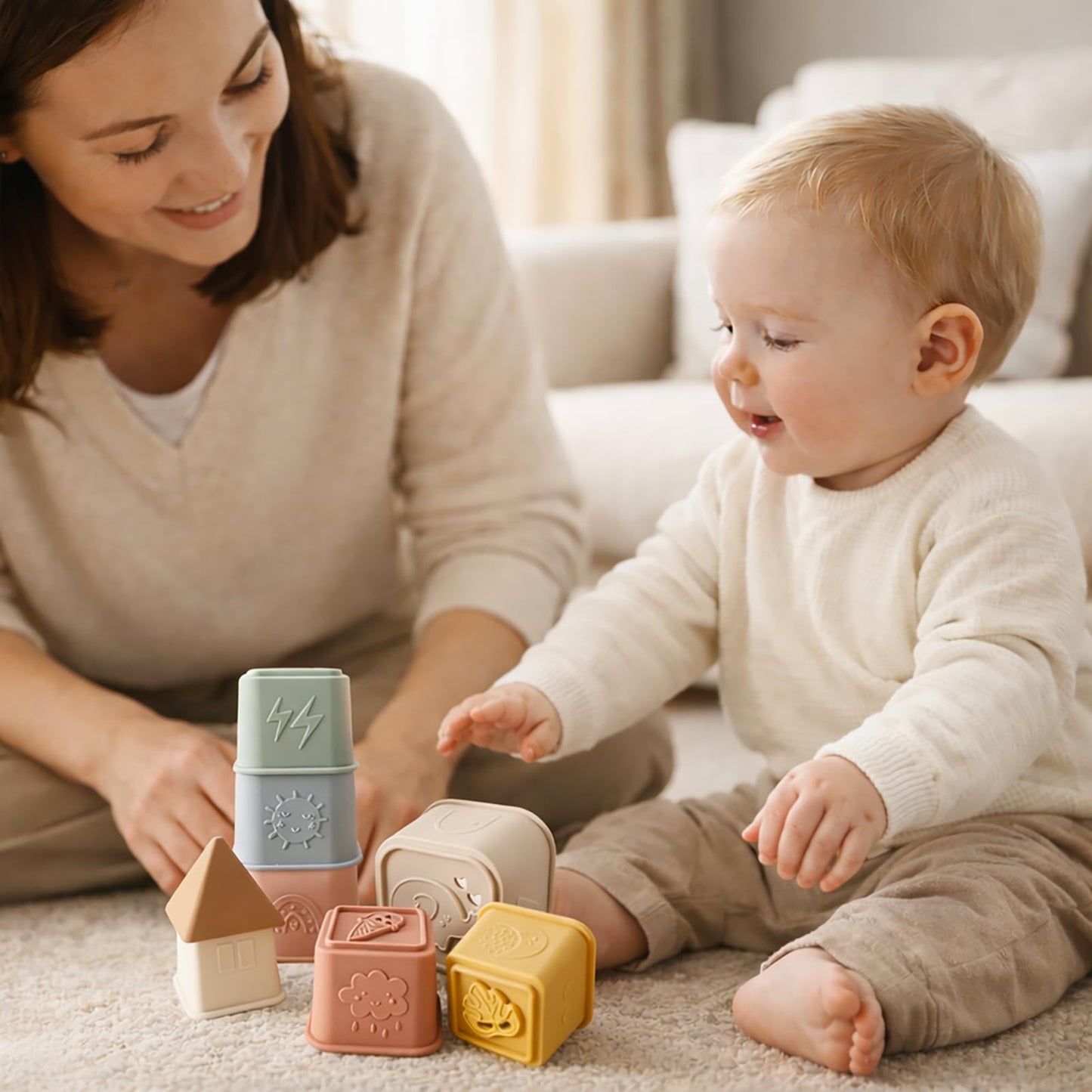 YIVEKO Baby Stacking Cups Toy – 8-Piece Silicone Teether & Educational Bath Toy, BPA Free