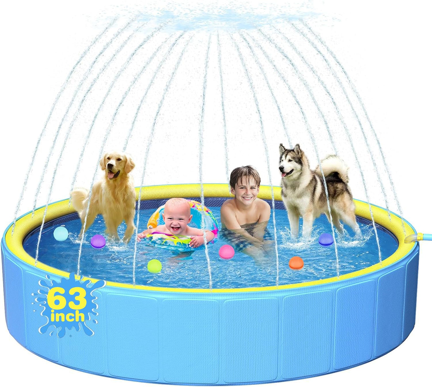 Yivsen 63in Sturdy Dog Pool with Sprinkler – 2-in-1 Non-Slip Foldable Pool for Dogs & Kids
