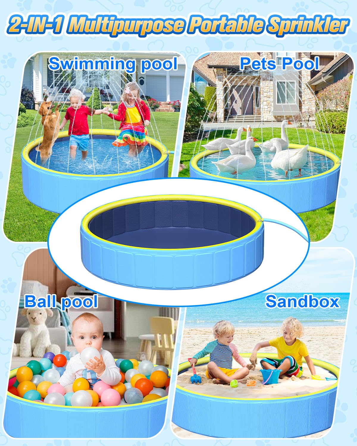 Yivsen 63in Sturdy Dog Pool with Sprinkler – 2-in-1 Non-Slip Foldable Pool for Dogs & Kids