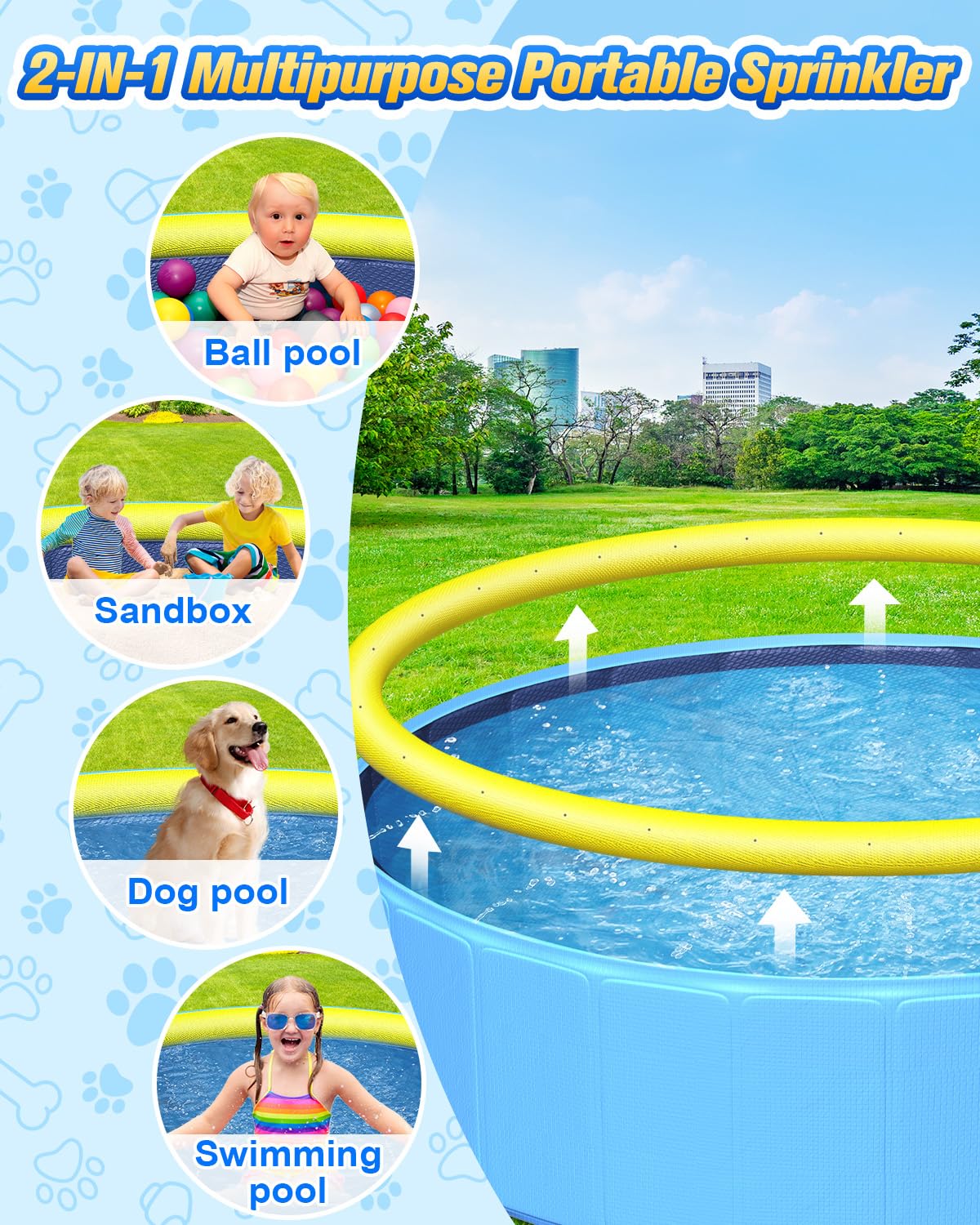 Yivsen 63in Sturdy Dog Pool with Sprinkler – 2-in-1 Non-Slip Foldable Pool for Dogs & Kids