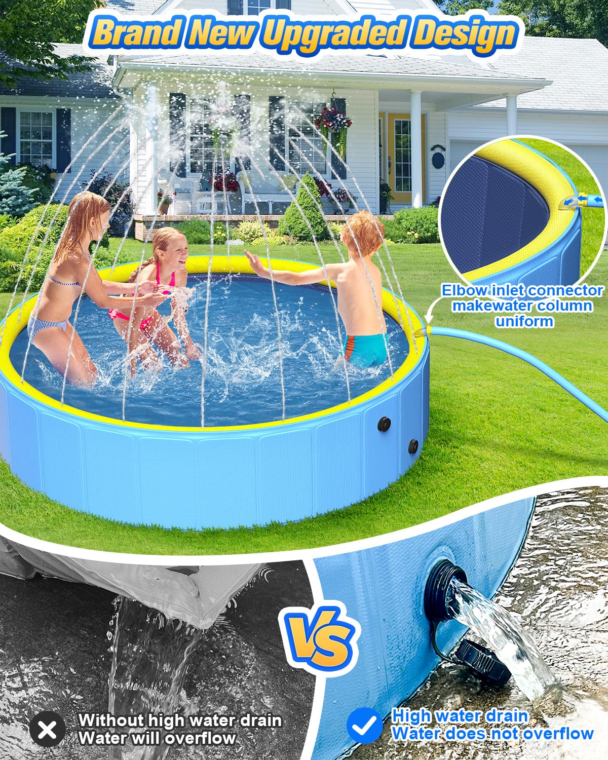 Yivsen 63in Sturdy Dog Pool with Sprinkler – 2-in-1 Non-Slip Foldable Pool for Dogs & Kids