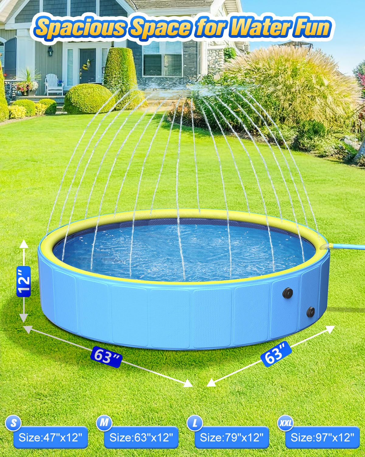Yivsen 63in Sturdy Dog Pool with Sprinkler – 2-in-1 Non-Slip Foldable Pool for Dogs & Kids