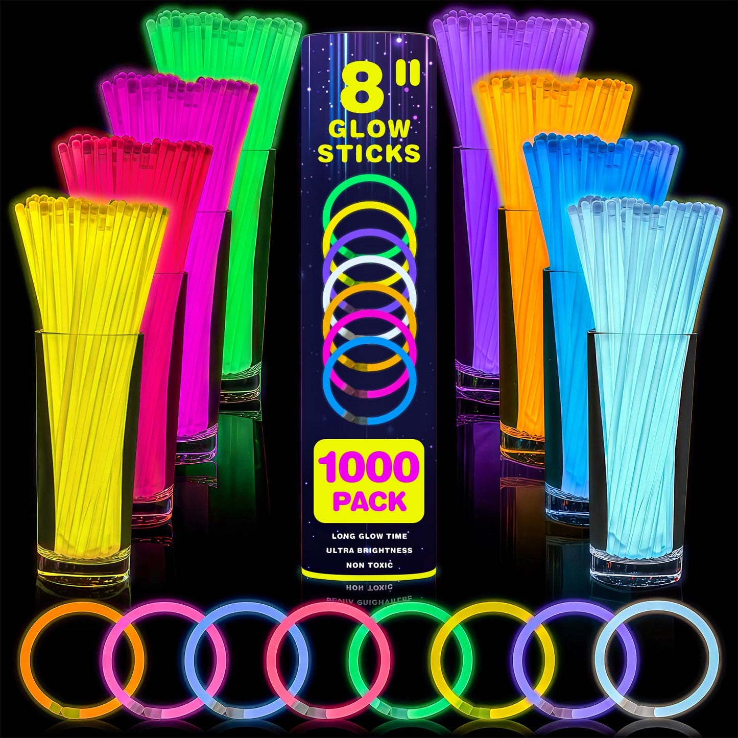 YixangDD 1000 PCS Ultra Bright Glow Sticks – 8-Inch Glow Sticks Bulk with 1000 Connectors