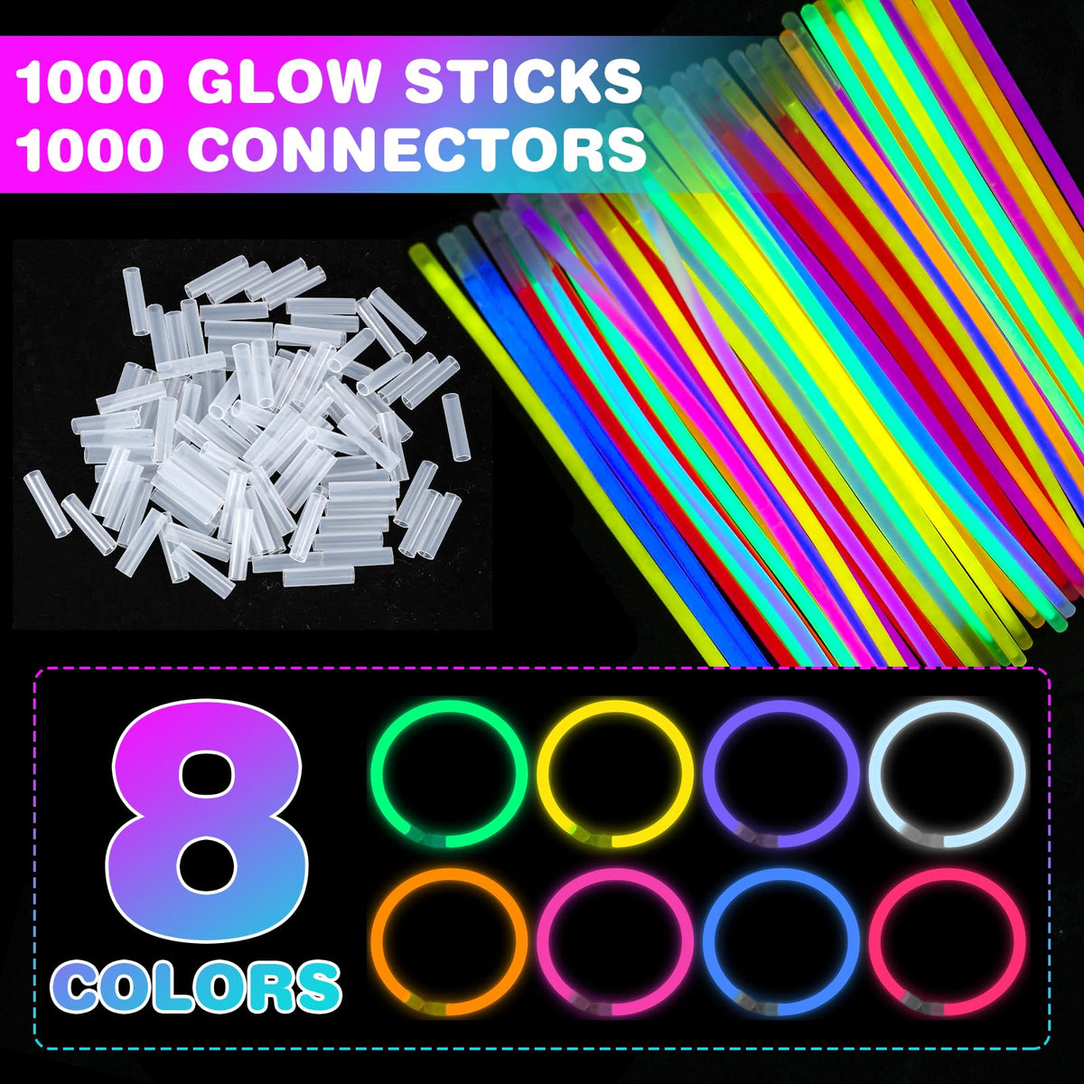 YixangDD 1000 PCS Ultra Bright Glow Sticks – 8-Inch Glow Sticks Bulk with 1000 Connectors