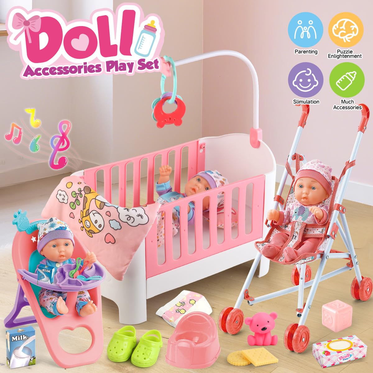 YIYBM Baby Doll Crib & Stroller Play Set — 11-Inch Doll, 24 Accessories, 2 Clothes Sets