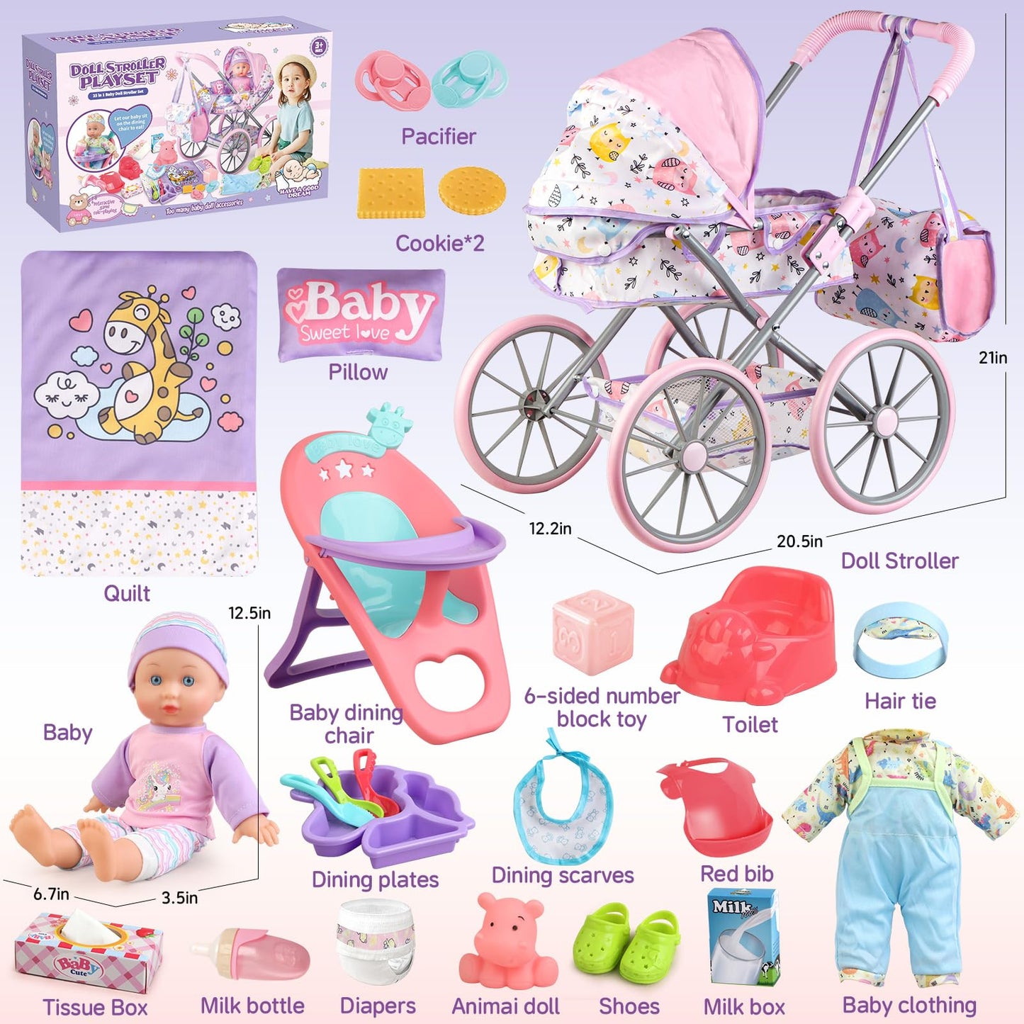 YIYBM Baby Doll Stroller Playset – 12.5-Inch Doll, 24 Accessories, 2 Outfit Sets (Ages 3–7)