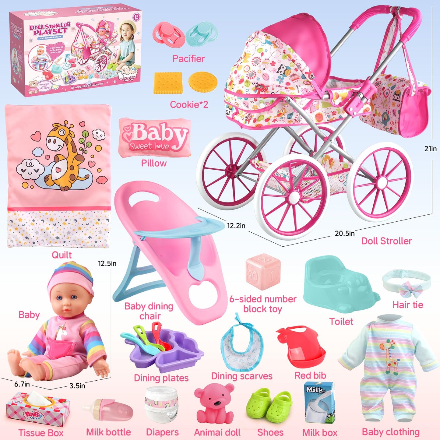 YIYBM Baby Doll Stroller Toys Set with 12.5-Inch Doll, 24 Accessories & 2 Clothes Sets | Pretend Play Kit