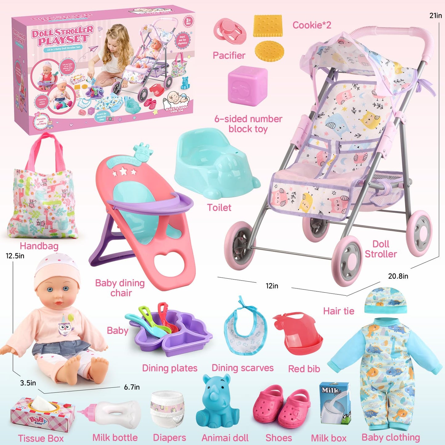 YIYBM Baby Doll Stroller Play Set – 12.5-inch Doll, Dining Chair, 20 Accessories for Pretend Play (Ages 3-6)
