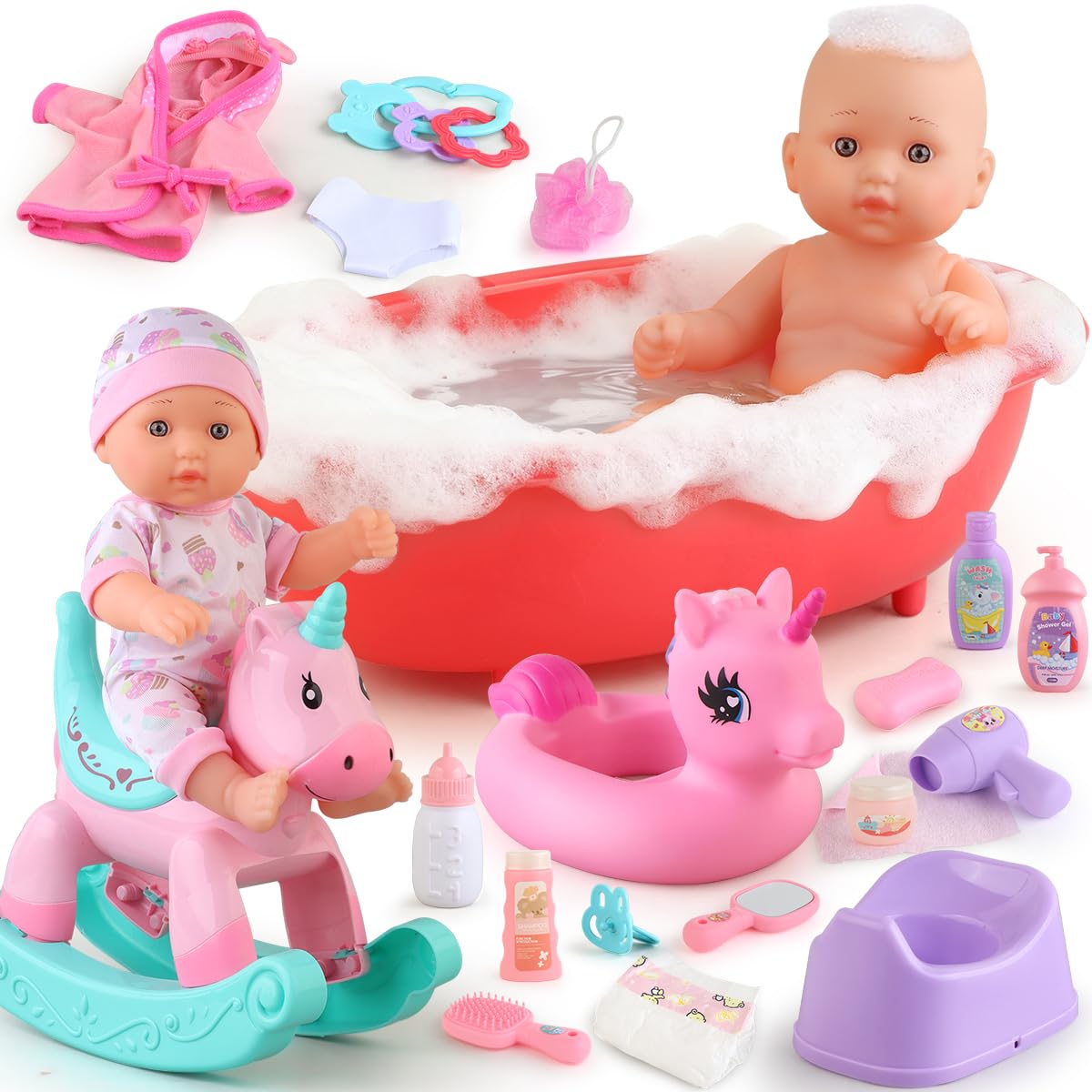 YIYBM Baby Doll Bath Toys Set with Bathtub, 12.5" Doll, Rocking Chair, Swimming Ring & 15 Accessories – Pretend Play Gift for Girls 3–6
