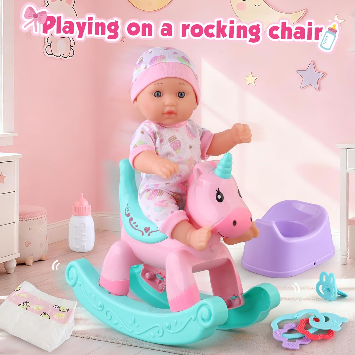 YIYBM Baby Doll Bath Toys Set with Bathtub, 12.5" Doll, Rocking Chair, Swimming Ring & 15 Accessories – Pretend Play Gift for Girls 3–6