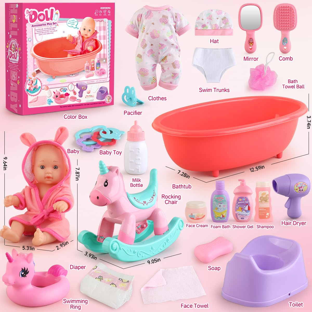 YIYBM Baby Doll Bath Toys Set with Bathtub, 12.5" Doll, Rocking Chair, Swimming Ring & 15 Accessories – Pretend Play Gift for Girls 3–6