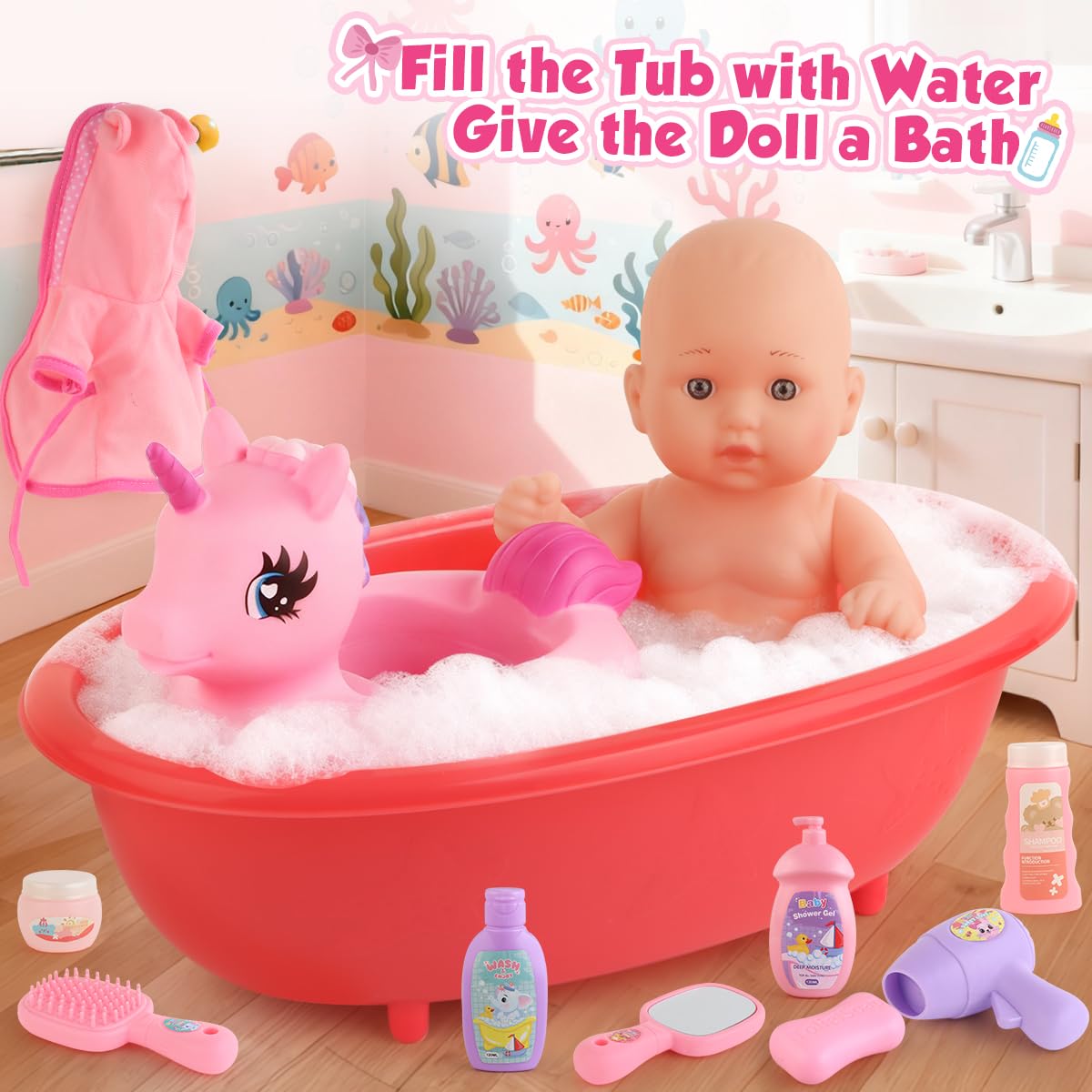 YIYBM Baby Doll Bath Toys Set with Bathtub, 12.5" Doll, Rocking Chair, Swimming Ring & 15 Accessories – Pretend Play Gift for Girls 3–6