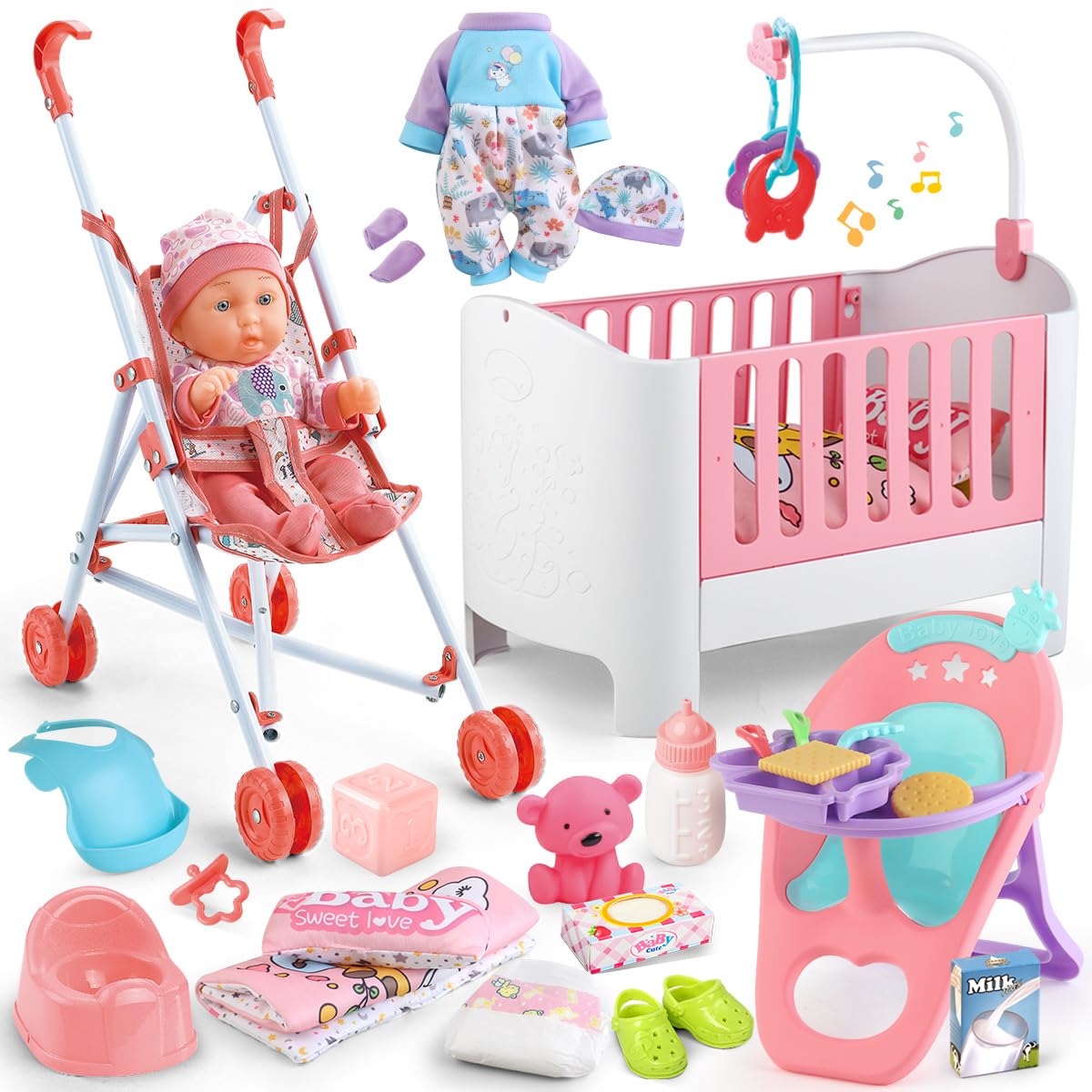 YIYBM Baby Doll Crib & Stroller Play Set — 11-Inch Doll, 24 Accessories, 2 Clothes Sets