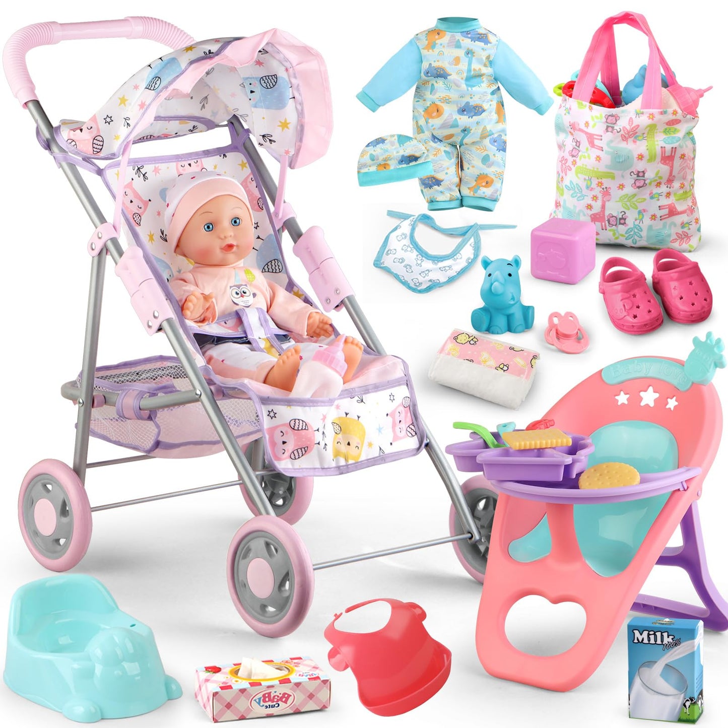 YIYBM Baby Doll Stroller Play Set – 12.5-inch Doll, Dining Chair, 20 Accessories for Pretend Play (Ages 3-6)