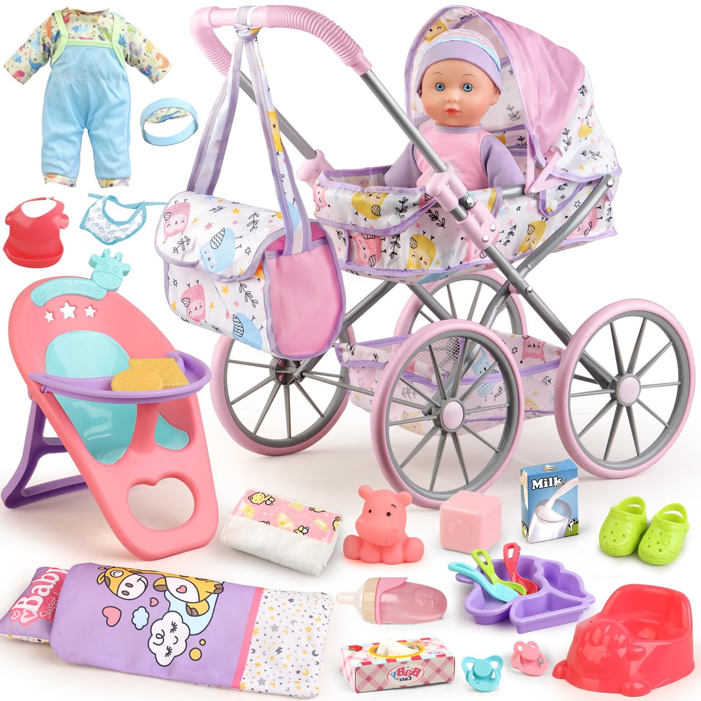YIYBM Baby Doll Stroller Playset – 12.5-Inch Doll, 24 Accessories, 2 Outfit Sets (Ages 3–7)