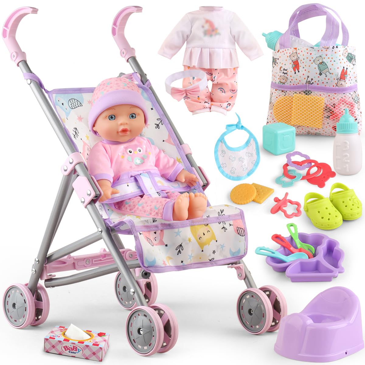 YIYBM Baby Doll Stroller Set – 12.5-Inch Doll & 17 Accessories for Imaginative Pretend Play