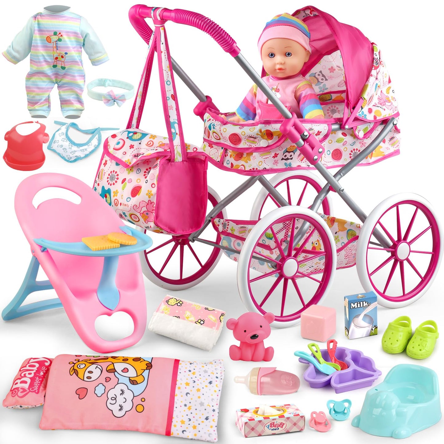 YIYBM Baby Doll Stroller Toys Set with 12.5-Inch Doll, 24 Accessories & 2 Clothes Sets | Pretend Play Kit