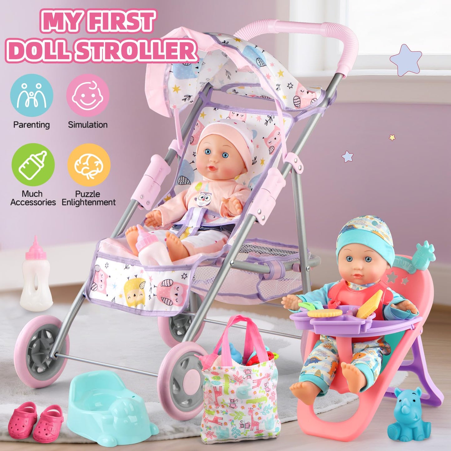 YIYBM Baby Doll Stroller Play Set – 12.5-inch Doll, Dining Chair, 20 Accessories for Pretend Play (Ages 3-6)