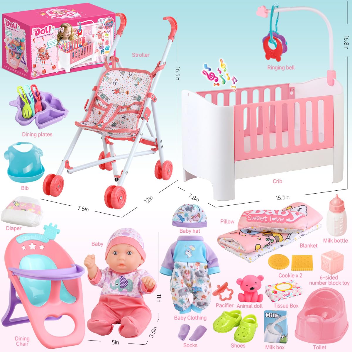 YIYBM Baby Doll Crib & Stroller Play Set — 11-Inch Doll, 24 Accessories, 2 Clothes Sets