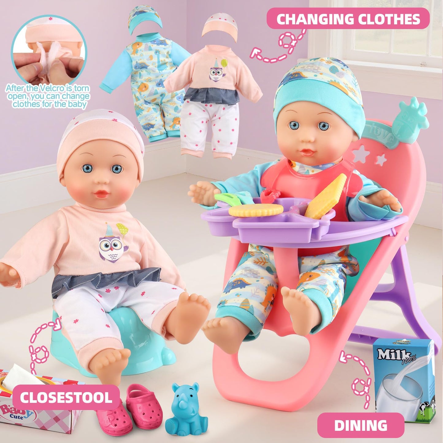 YIYBM Baby Doll Stroller Play Set – 12.5-inch Doll, Dining Chair, 20 Accessories for Pretend Play (Ages 3-6)