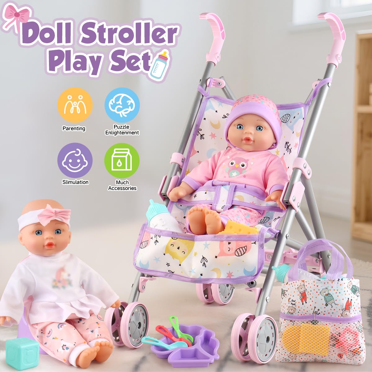 YIYBM Baby Doll Stroller Set – 12.5-Inch Doll & 17 Accessories for Imaginative Pretend Play