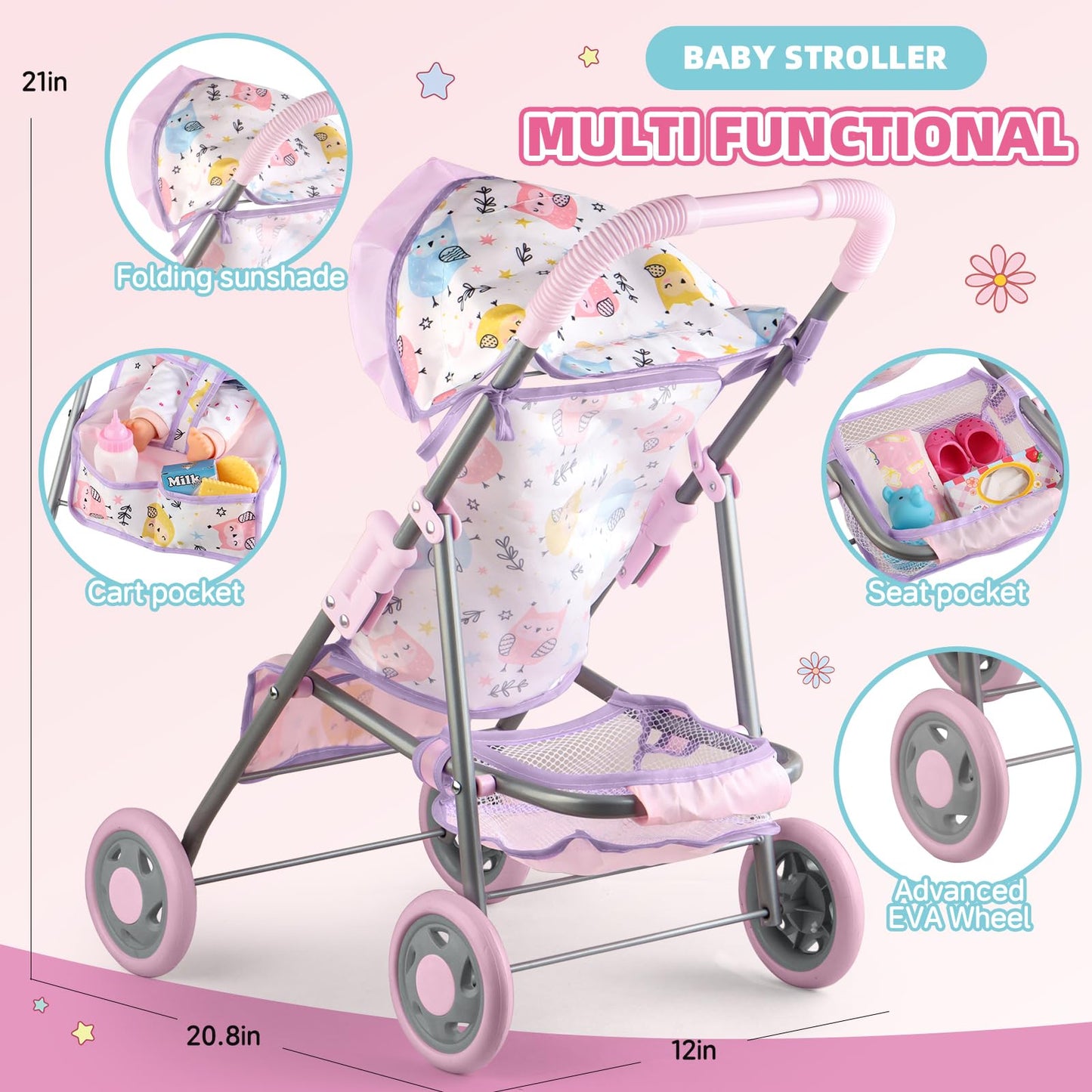 YIYBM Baby Doll Stroller Play Set – 12.5-inch Doll, Dining Chair, 20 Accessories for Pretend Play (Ages 3-6)