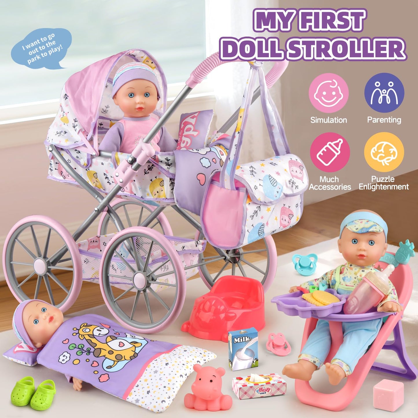YIYBM Baby Doll Stroller Playset – 12.5-Inch Doll, 24 Accessories, 2 Outfit Sets (Ages 3–7)