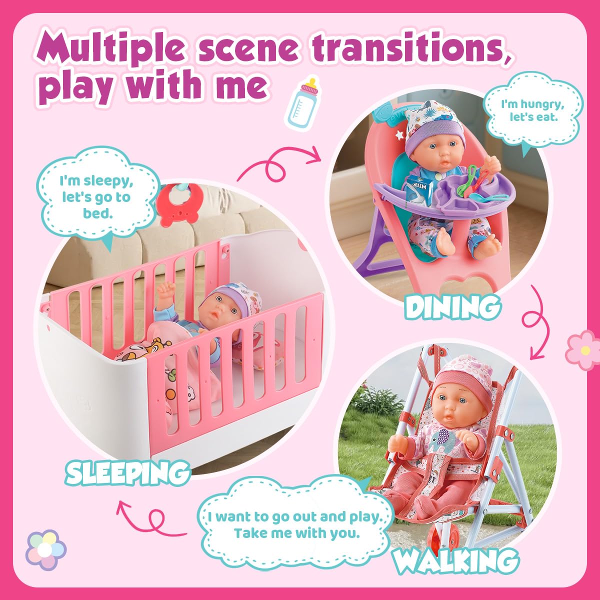 YIYBM Baby Doll Crib & Stroller Play Set — 11-Inch Doll, 24 Accessories, 2 Clothes Sets