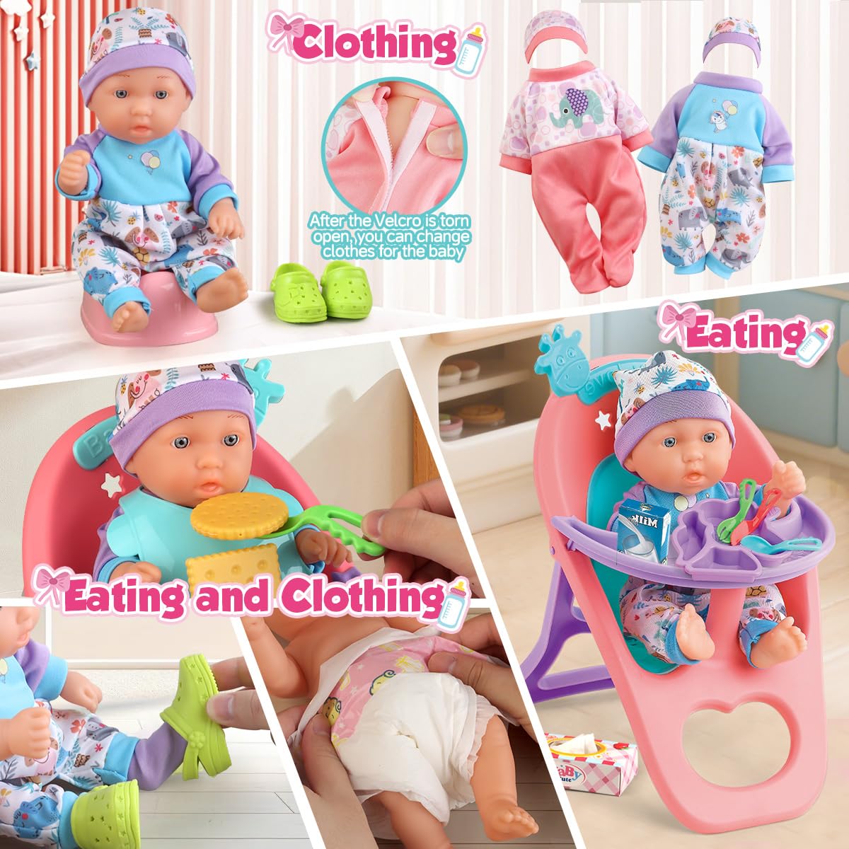 YIYBM Baby Doll Crib & Stroller Play Set — 11-Inch Doll, 24 Accessories, 2 Clothes Sets