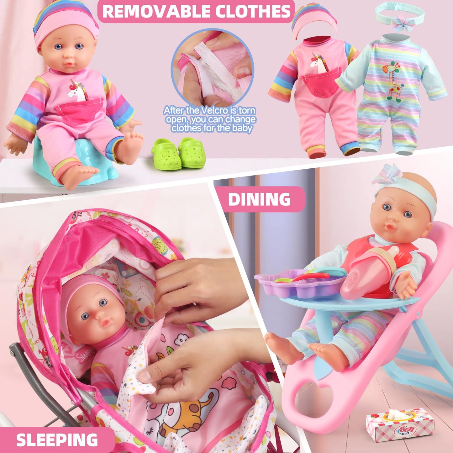 YIYBM Baby Doll Stroller Toys Set with 12.5-Inch Doll, 24 Accessories & 2 Clothes Sets | Pretend Play Kit