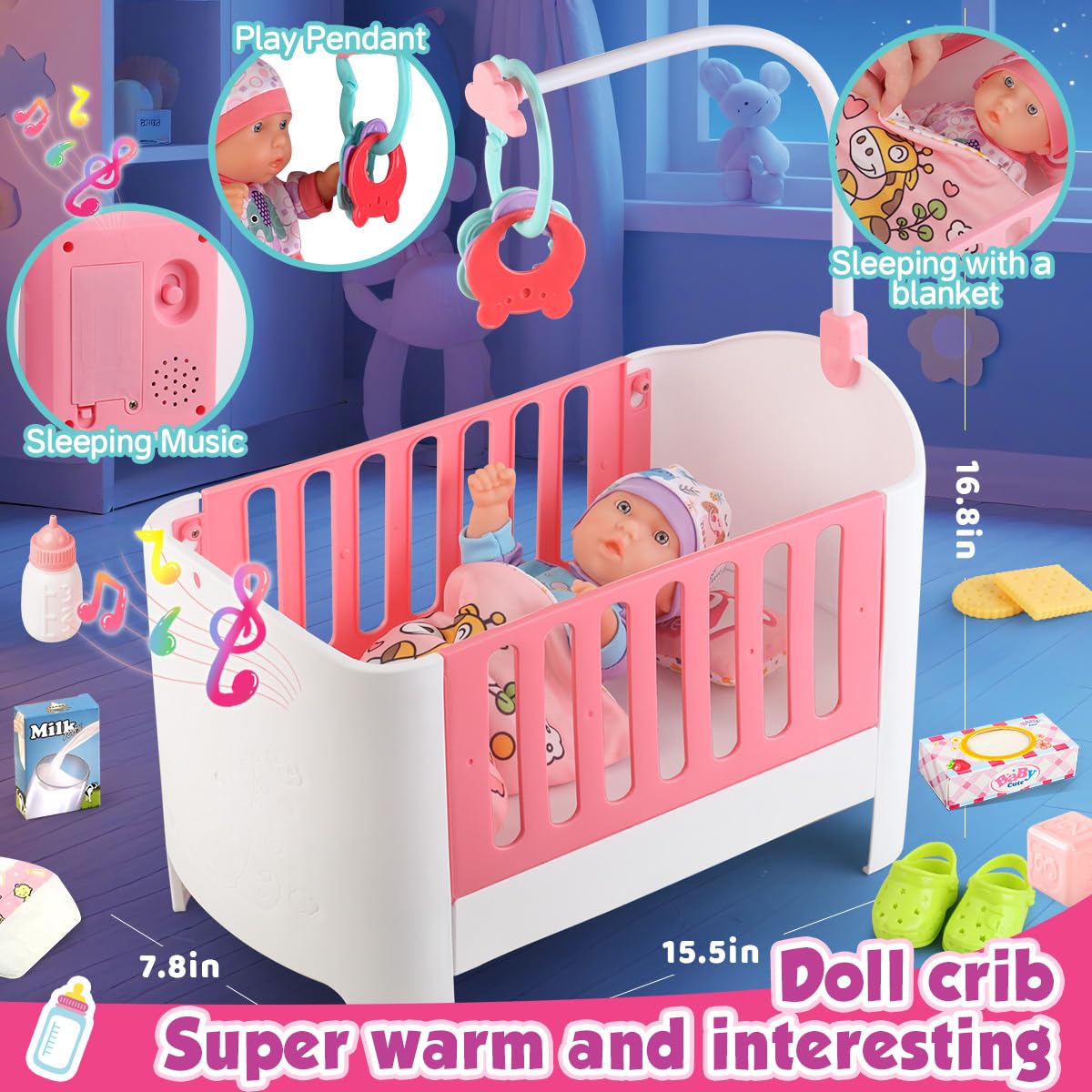 YIYBM Baby Doll Crib & Stroller Play Set — 11-Inch Doll, 24 Accessories, 2 Clothes Sets