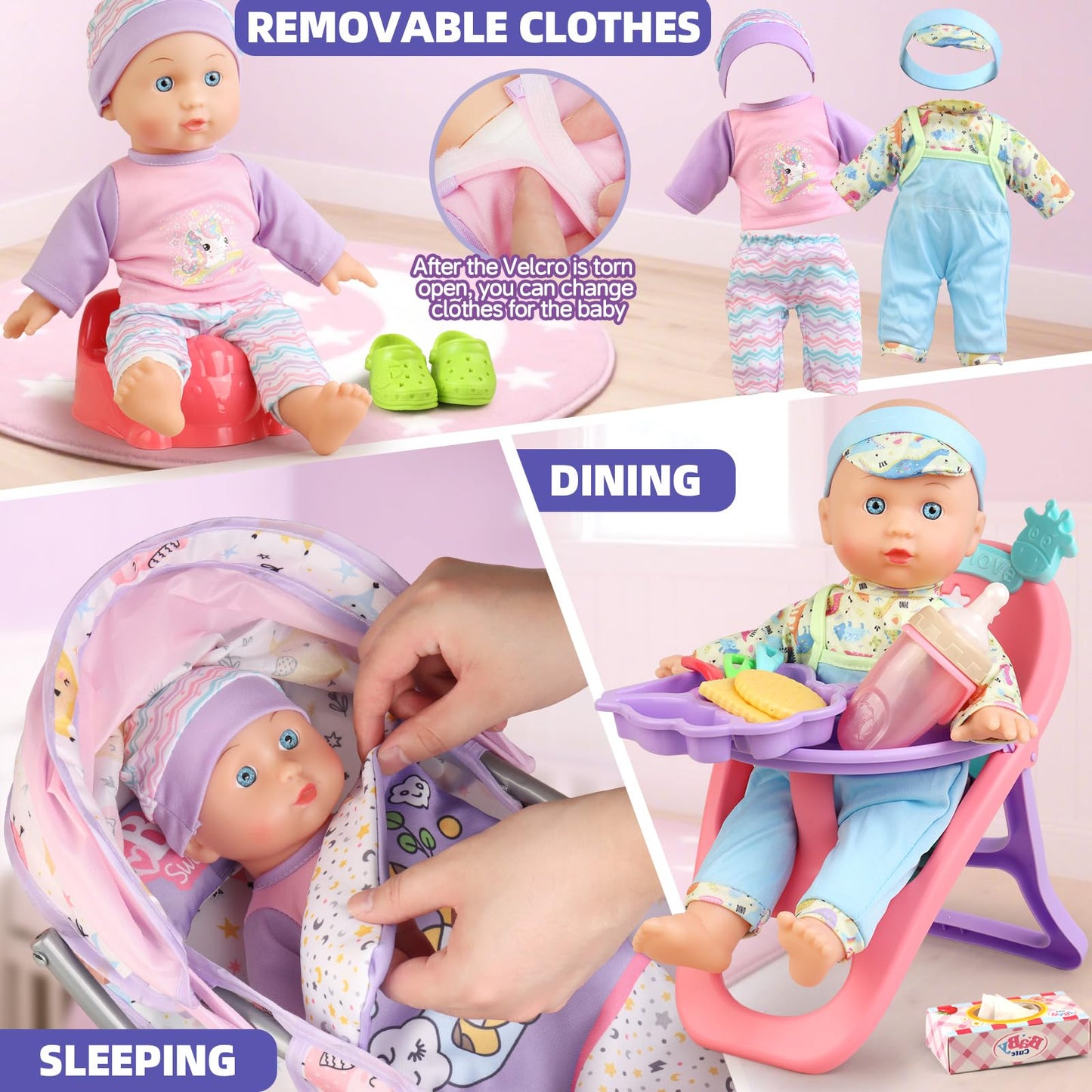 YIYBM Baby Doll Stroller Playset – 12.5-Inch Doll, 24 Accessories, 2 Outfit Sets (Ages 3–7)