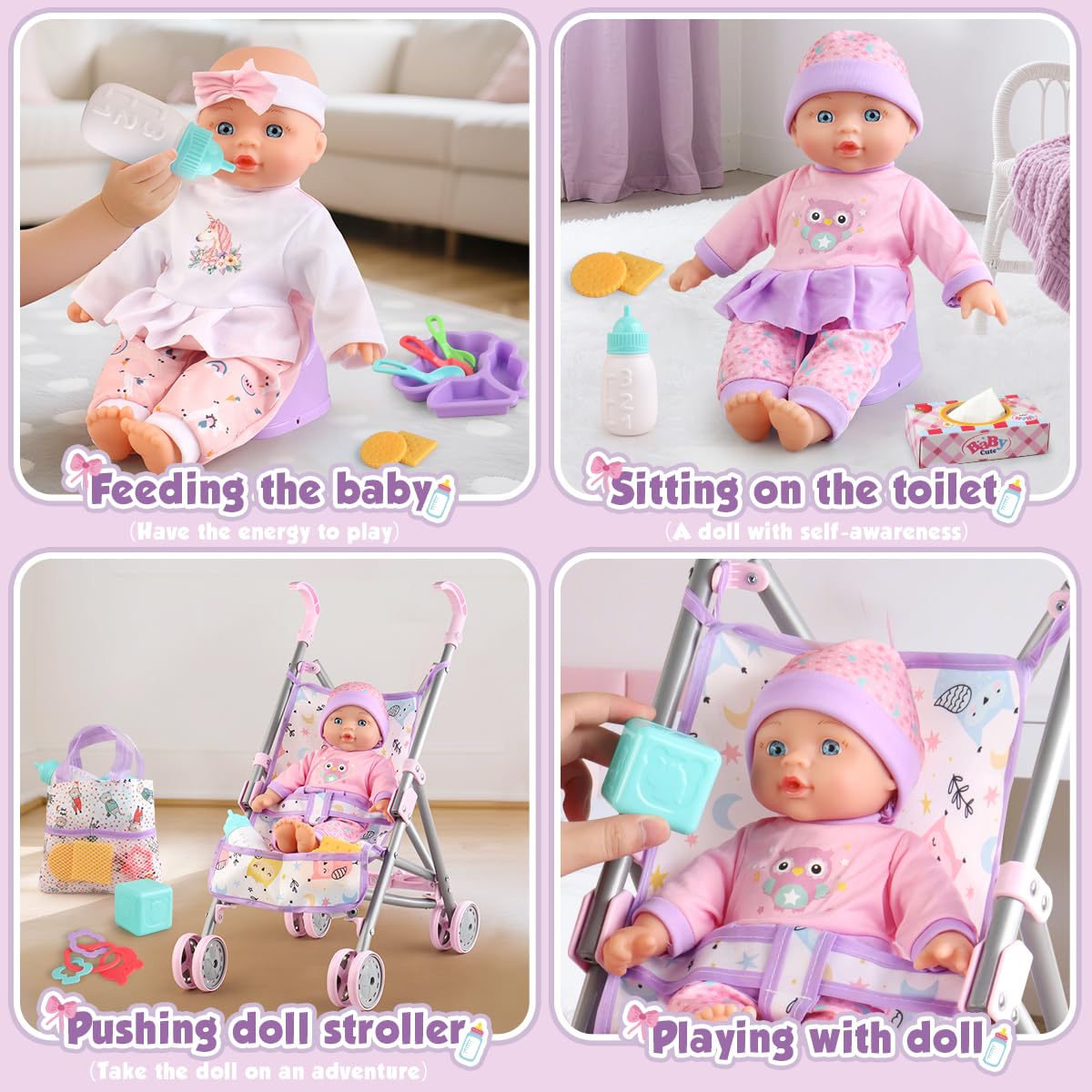 YIYBM Baby Doll Stroller Set – 12.5-Inch Doll & 17 Accessories for Imaginative Pretend Play