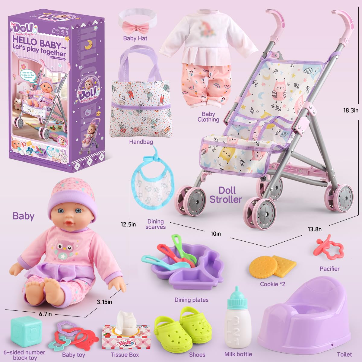 YIYBM Baby Doll Stroller Set – 12.5-Inch Doll & 17 Accessories for Imaginative Pretend Play