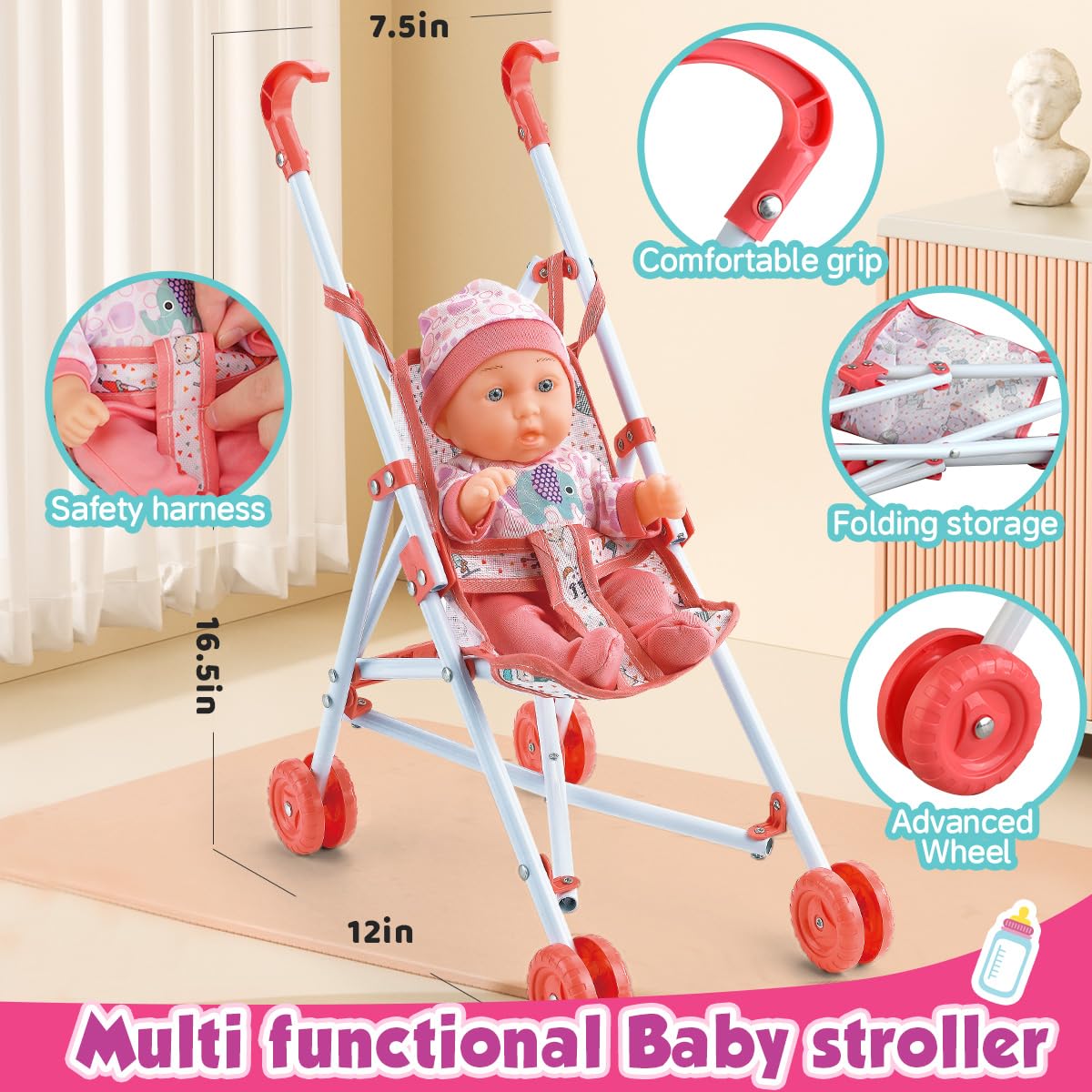 YIYBM Baby Doll Crib & Stroller Play Set — 11-Inch Doll, 24 Accessories, 2 Clothes Sets