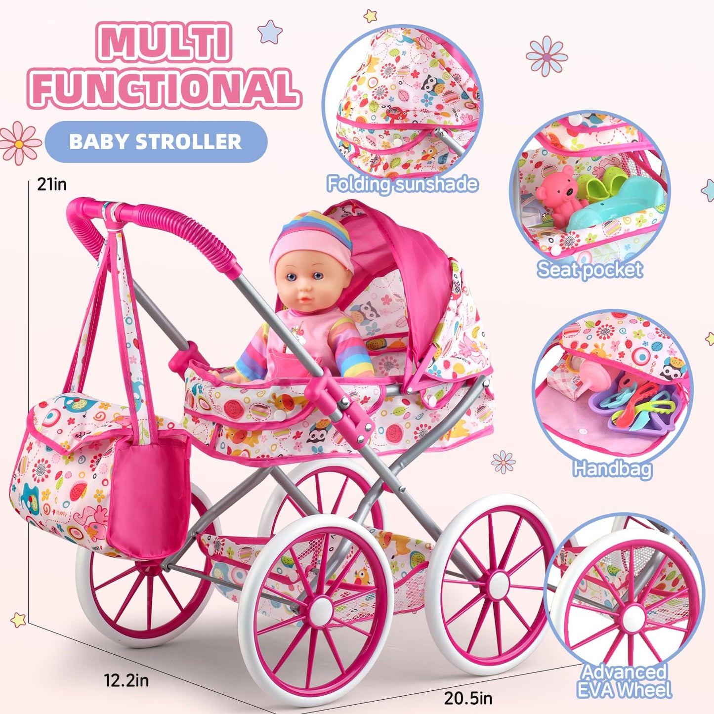 YIYBM Baby Doll Stroller Toys Set with 12.5-Inch Doll, 24 Accessories & 2 Clothes Sets | Pretend Play Kit