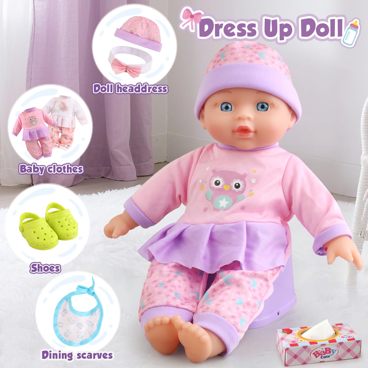 YIYBM Baby Doll Stroller Set – 12.5-Inch Doll & 17 Accessories for Imaginative Pretend Play