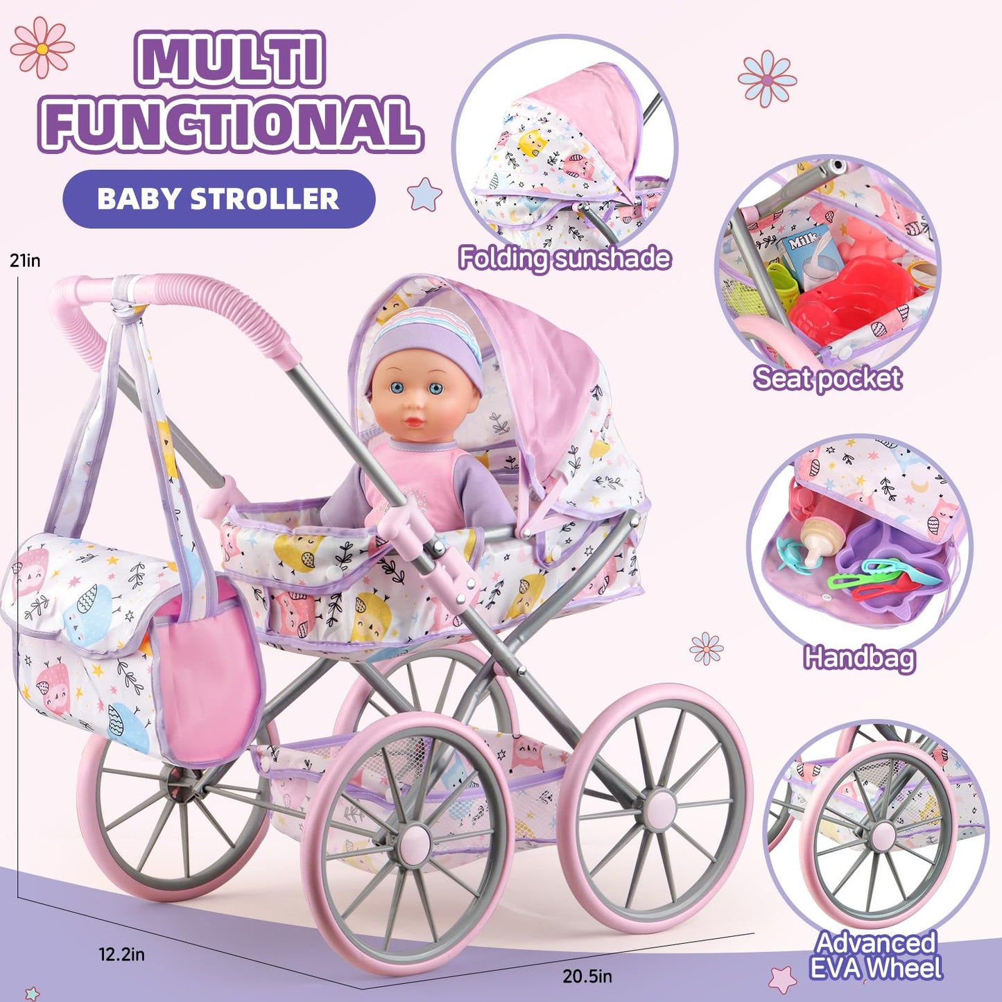 YIYBM Baby Doll Stroller Playset – 12.5-Inch Doll, 24 Accessories, 2 Outfit Sets (Ages 3–7)