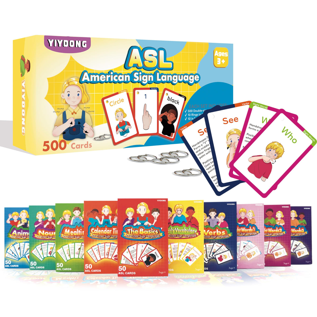 YIYDONG ASL Flash Cards – 500 Beginner Sign Language Cards for All Ages (Verbs, Nouns, Sight Words)