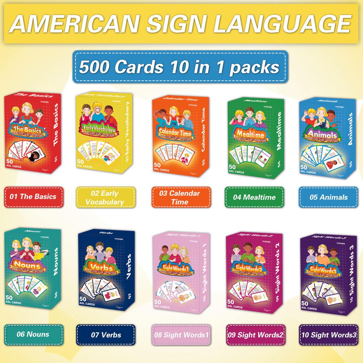 YIYDONG ASL Flash Cards – 500 Beginner Sign Language Cards for All Ages (Verbs, Nouns, Sight Words)
